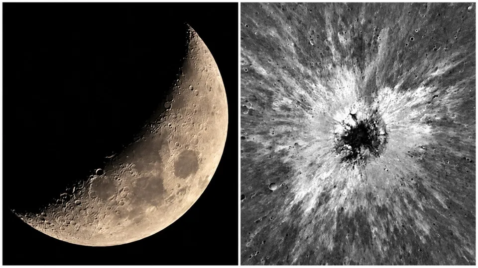 Imagine compusă formată dintr-un cresc lunar pe fundal negru și o imagine de detaliu cu un crater circular cu raze de impact albe.