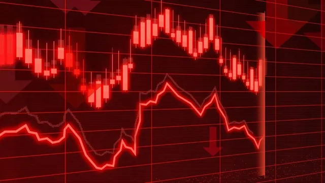 Grafic de tip candlestick și linii de tendință de culoare roșie pe un fundal întunecat cu linii de rețea.