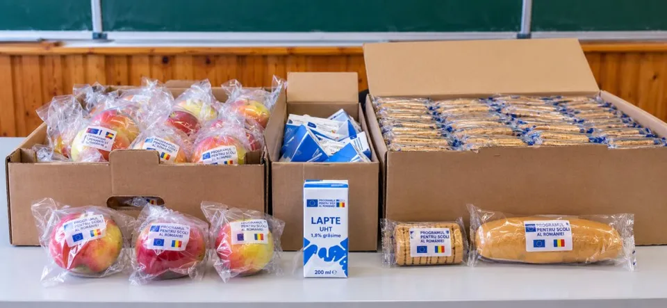 Cutii de carton conțin fructe ambalate individual, produse de panificație și un carton de lapte pe o suprafață albă.