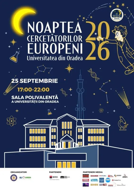 Un afiș albastru închis prezintă o ilustrație cu o clădire, un personaj, constelații, simboluri științifice și textul despre evenimentul Noaptea Cercetătorilor Europeni.