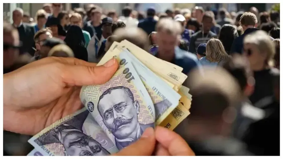 O persoană ține un teanc de bancnote în mâini, în fața unei mulțimi de oameni neclar de identificați.