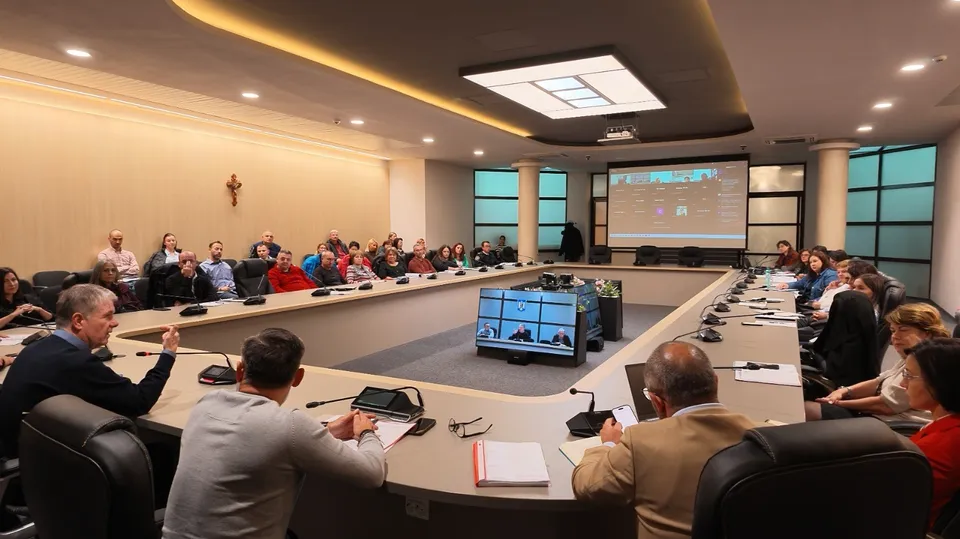 O grupă de persoane stă la mese lungi în jurul unei săli de conferințe, cu monitoare și un ecran de proiectare în față.