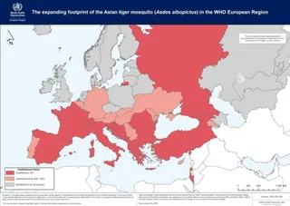 O hartă a Europei și a zonelor adiacente, unde diverse țări sunt colorate în nuanțe de roșu și roz pe un fundal gri.