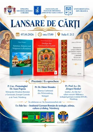 Afișul prezintă trei cărți așezate vertical pe un fundal alb, încadrate de elemente decorative albastre și picturi religioase.