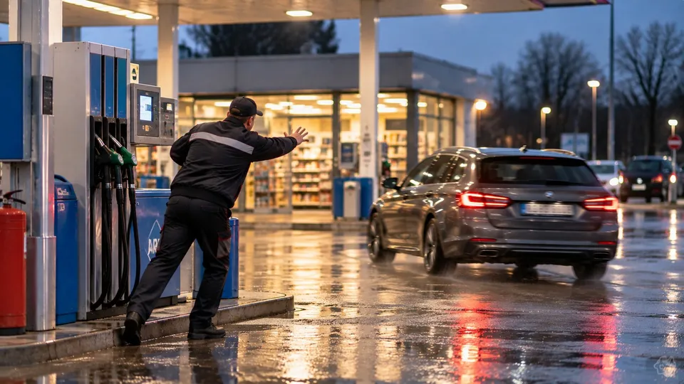 Un bărbat cu o șapă neagră și haine închise la culoare stă în picioare lângă o pompă de benzină, întinzând mâna spre un automobil gri.