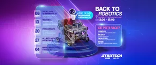 Un afiș digital cu fundal violet-albastru, care promovează evenimentul "Back to Robotics" cu un robot stilizat și o listă de activități și date.