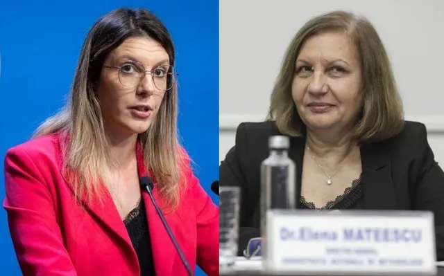 Două femei sunt prezentate în cadre separate, una purtând o jachetă roz și ochelari, iar cealaltă purtând o jachetă neagră și un colier.