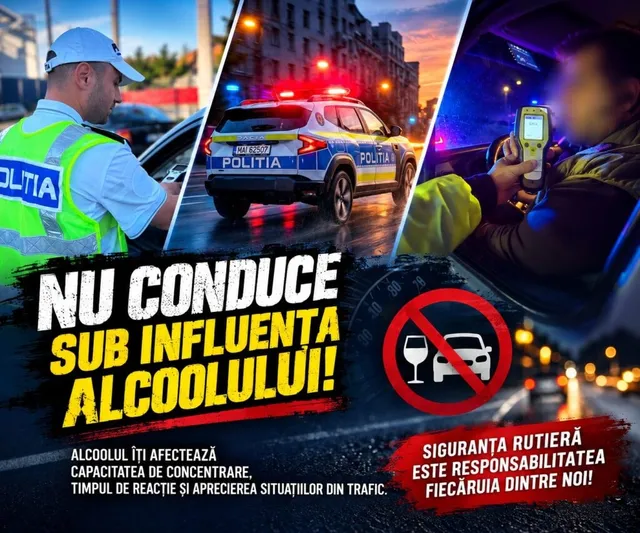 Un polițist în vestă verde verifică un vehicul lângă o mașină de poliție cu luminile aprinse, în timp ce un dispozitiv de testare este utilizat.