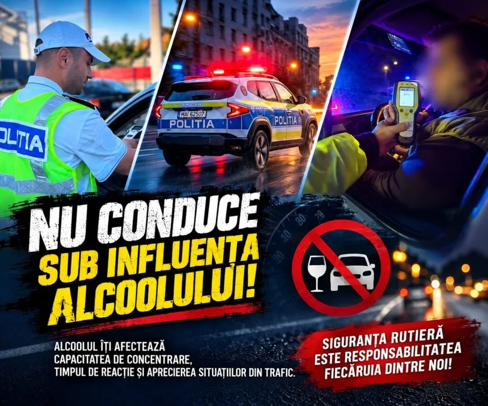 Un polițist în vestă verde verifică un vehicul lângă o mașină de poliție cu luminile aprinse, în timp ce un dispozitiv de testare este utilizat.