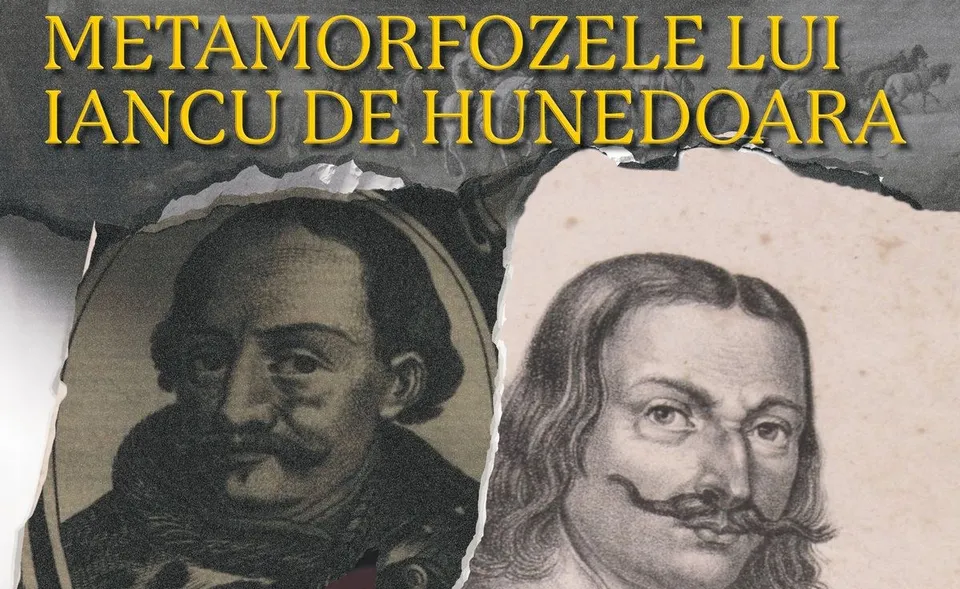 Un colaj format din două portrete de bărbați cu mustață, prezentate pe un fundal texturat cu text galben.
