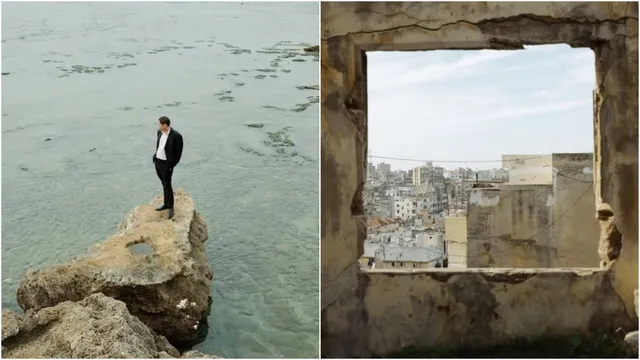 Imagine compusă din două cadre, unul cu un bărbat în costum negru pe o stâncă lângă apă și unul cu o vedere urbană printr-o fereastră lipsită de cadrul.