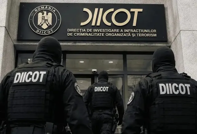 Trei polițiști în uniforme negri cu inscripția DIICOT pe spate stau cu spatele în fața unei clădiri cu un panou negru pe care scrie DIICOT.