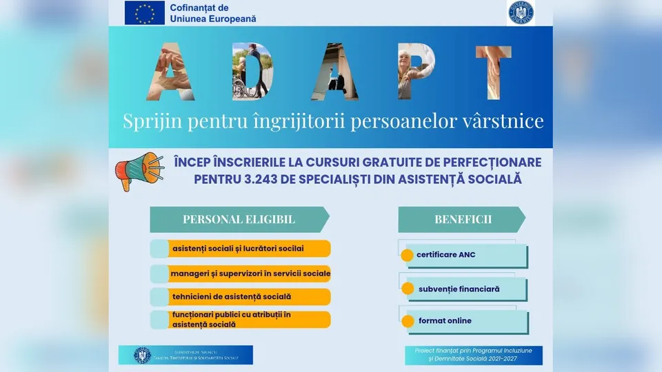 Un afiș informativ albastru prezintă litere mari colorate și detalii despre cursuri de perfecționare pentru specialiști din asistența socială.