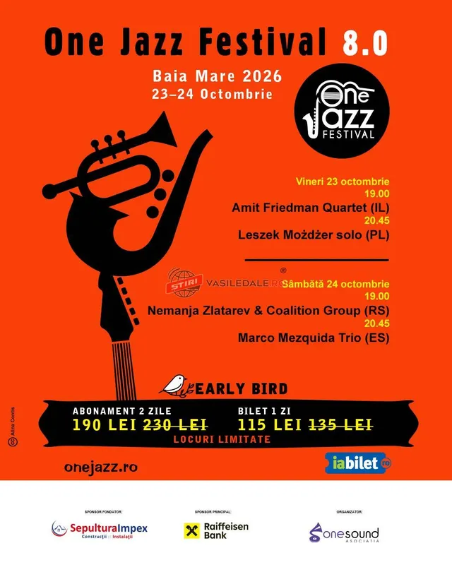 Un afiș portocaliu prezintă o siluetă neagră a unui instrument muzical și detalii textuale despre un festival de jazz cu artiști și prețuri.