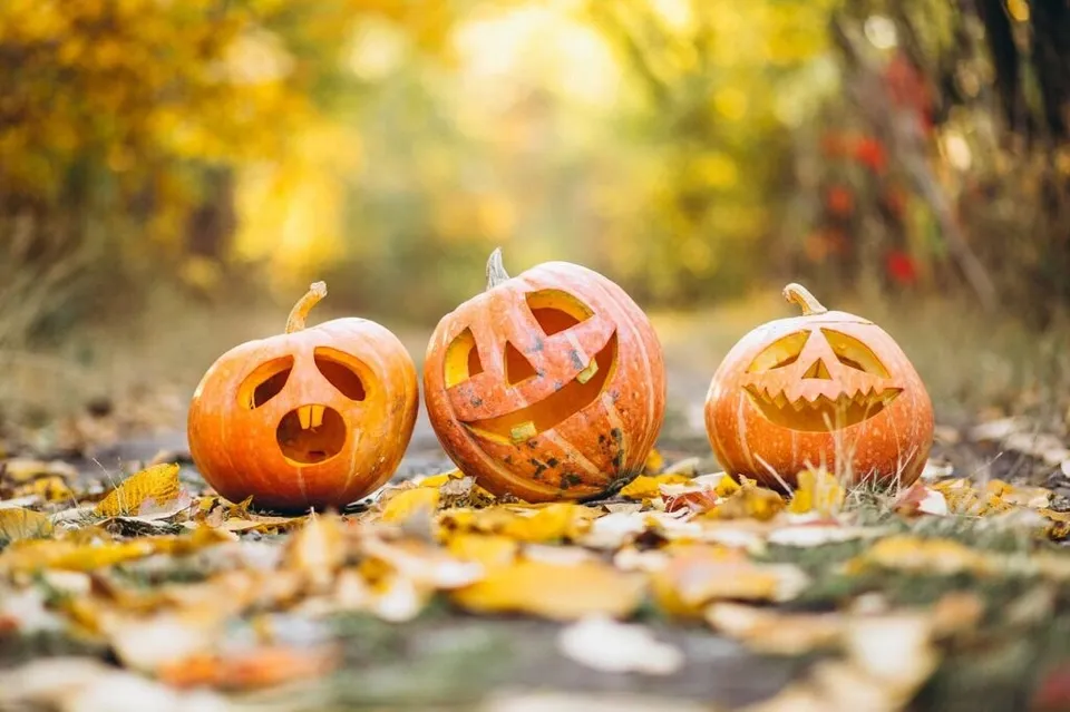 Trei dovleci sculptați cu fețe de tip jack-o'-lantern sunt așezați pe un drum acoperit de frunze galbene de toamnă.