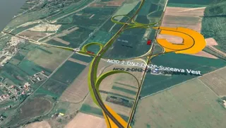 O reprezentare grafică aeriană a unei intersecții rutiere cu rampe de acces colorate în galben și verde, suprapusă peste un peisaj agricol și vegetație.