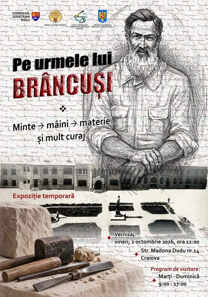 Un afiș prezintă un desen al unui bărbat cu barbă, text în română și unelte de sculptură așezate pe o piatră în partea de jos.