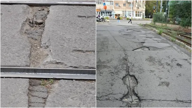 Două imagini prezintă suprafețe de asfalt deteriorate cu crăpături, gropi și zone de pavaj neuniform.