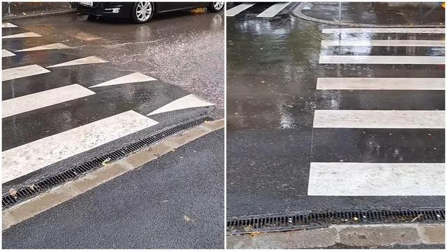 Două fotografii prezintă o stradă asfaltată cu marcaje de trecere a pietonilor și o rigolă metală de scurgere a apei.