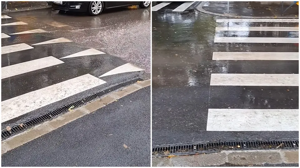 Două fotografii prezintă o stradă asfaltată cu marcaje de trecere a pietonilor și o rigolă metală de scurgere a apei.