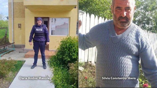 Un colaj format din două fotografii, una cu un polițist în uniformă dark blue stând în fața unei clădiri și alta cu un bărbat cu barbă purtând un pulover gri.