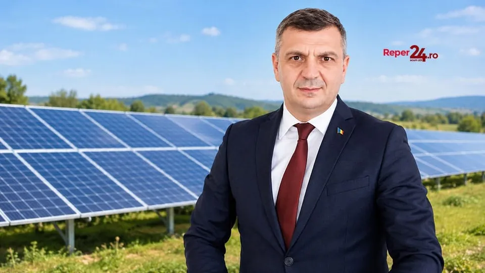 Un bărbat într-un costum închis și cravată roșie stă în fața unor panouri solare instalate pe un câmp verde sub un cer senin.