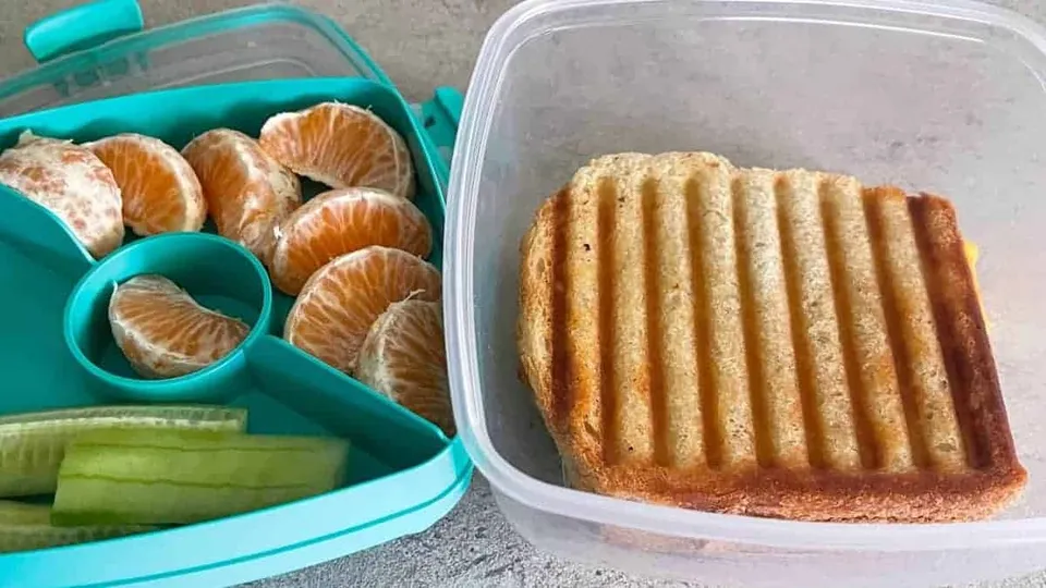Un sandviș prăjit cu dungi este pus într-un recipient de plastic transparent lângă un recipient albastru conținând felii de mandarină și legume verzi.