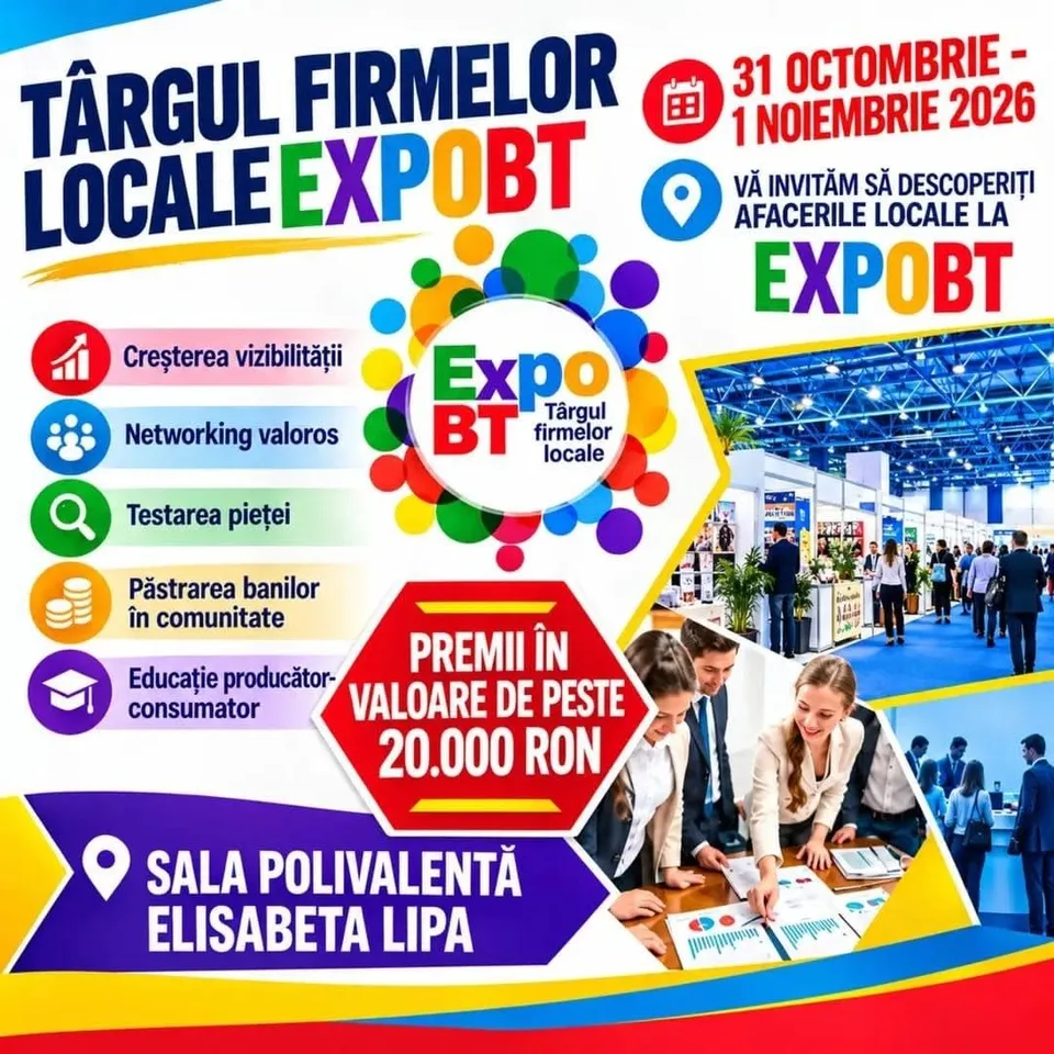 Un afiș colorat prezintă textul despre un târg, elemente grafice circulare și o fotografie cu oameni la un stand de expoziție.