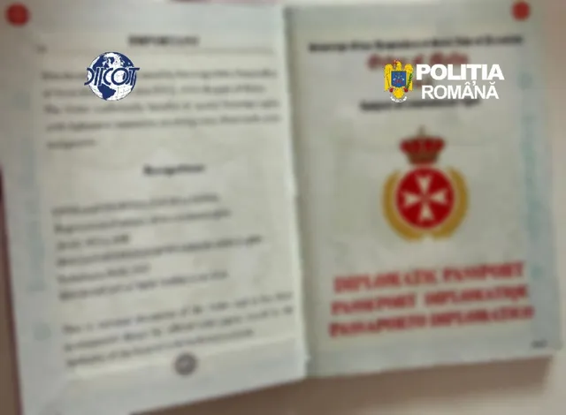 Un document deschis prezintă un pașaport diplomatic cu un emblema circulară roșie și o coroană deasupra, pe un fundal alb.