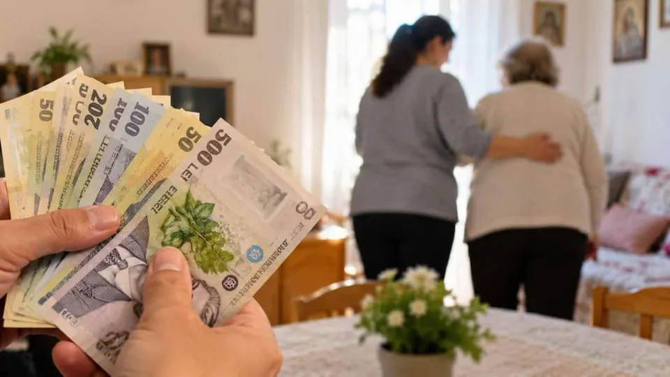 A close-up shows a hand holding several Romanian leu banknotes, with two women standing in the blurred background of a living room.