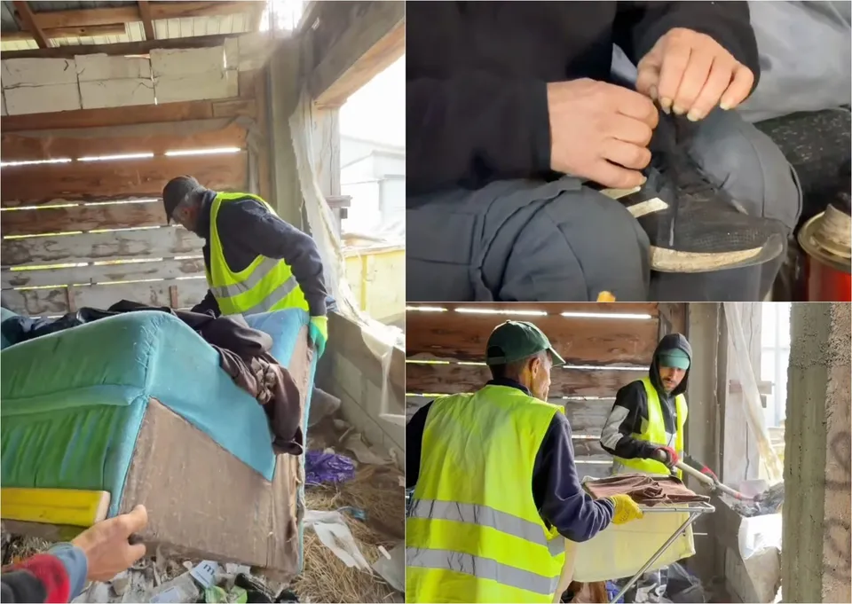 Echipe purtând veste reflectorizante verzi și galbenii manipulează un obiect textil de culoare albastră și un sac de deșeuri într-un spațiu cu structură de lemn.