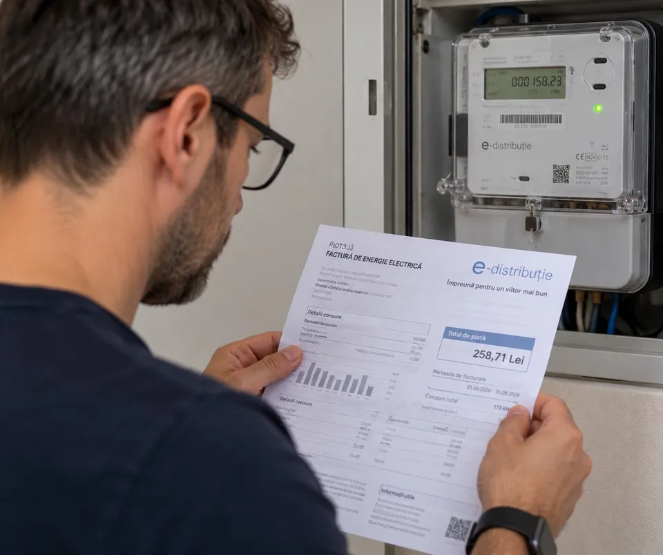 Un bărbat cu ochelari ține o factură de energie electrică în fața unui contor digital instalat într-o cutie de măsurare.