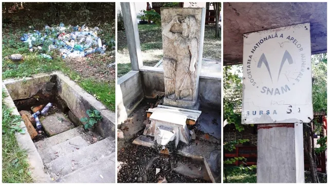 Trei fotografii prezintă un resturi de sticle pe iarbă, o sculptură de piatră cu o figură umană și un panou alb cu inscripții.