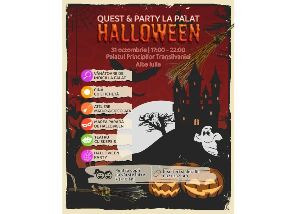 Un afiș cu temă Halloween prezintă o siluetă de castel, o mătură, o fantomă, dovleci sculptați și diverse pictograme colorate pe un fundal roșu.