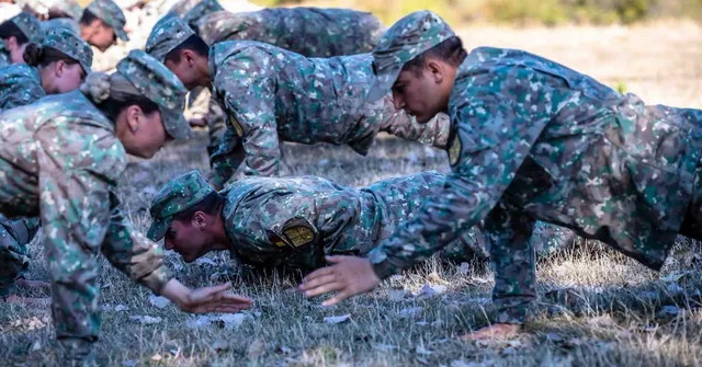 Mai mulți soldați în uniforme de camuflaj execută exerciții de flotări pe un teren cu iarbă uscată.