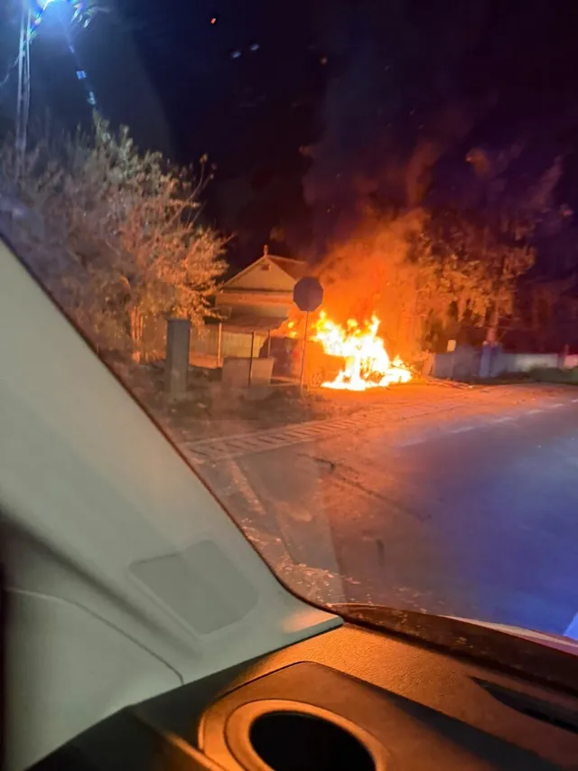 Flăcări mari ard printre copaci pe marginea unui drum asfaltat, fiind vizualizate de pe interiorul unui autoturism noaptea.