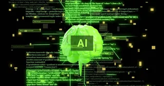 Un creier digital de culoare verde cu textul AI este suprapus peste linii de cod programatic pe un fundal negru.