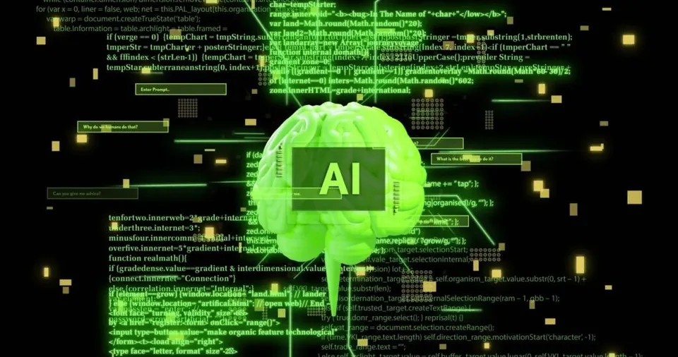 Un creier digital de culoare verde cu textul AI este suprapus peste linii de cod programatic pe un fundal negru.