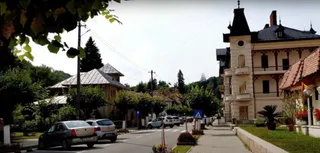 O stradă cu mașini parcate, clădiri cu acoperișuri înclinate și copaci sub un cer luminos.