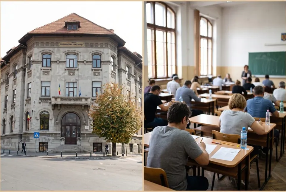 O clădire cu arhitectură clasică și o sală de clasă cu elevi așezați la bănci în fața unui panou verde.