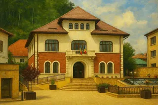 O pictură reprezintă o clădire cu acoperiș brun, ferestre arcuate și un pridvor central unde sunt suspendate două steaguri colorate.