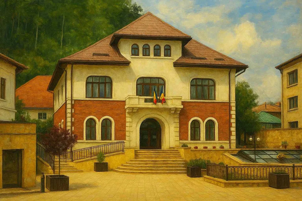 O pictură reprezintă o clădire cu acoperiș brun, ferestre arcuate și un pridvor central unde sunt suspendate două steaguri colorate.