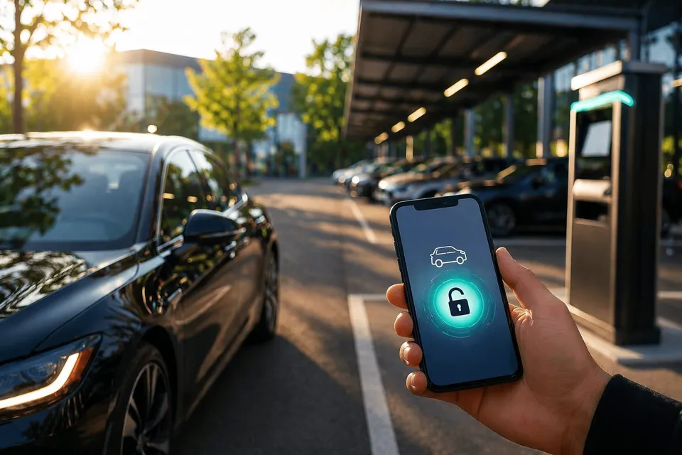 O mână ține un smartphone care afișează o pictogramă cu o mașină și un lacăt deschis, în timp ce un autoturism negru este parcat în fundal.