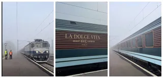 O compusă din trei imagini care arată trenul de lux La Dolce Vita Orient Express pe o platformă încețiată, cu detalii ale vagonului și inscripția sa.