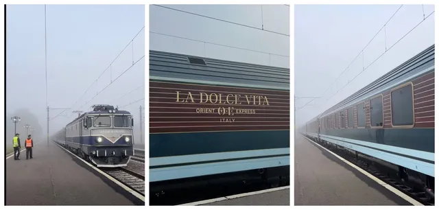 O compusă din trei imagini care arată trenul de lux La Dolce Vita Orient Express pe o platformă încețiată, cu detalii ale vagonului și inscripția sa.