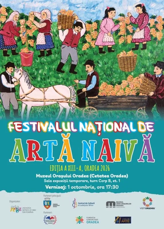Un afiș colorat prezintă picturi de oameni care culeg fructe în grădini, un cal alb și coșuri pline cu fructe galbene.