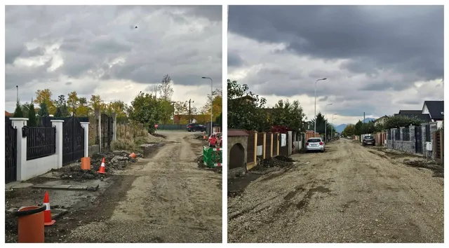 Două fotografii de tip colaj prezintă o stradă neasfaltată de culoare maro, flancată de garduri, case și un cer înnorat.
