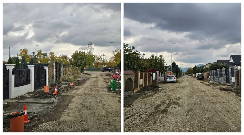 Două fotografii de tip colaj prezintă o stradă neasfaltată de culoare maro, flancată de garduri, case și un cer înnorat.
