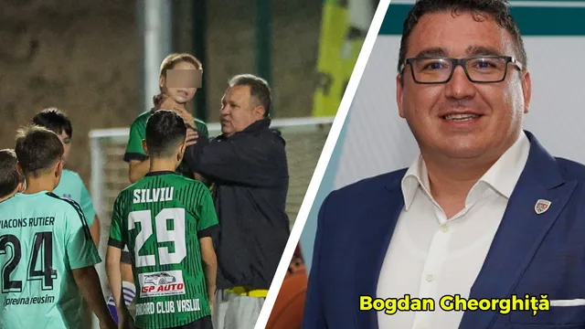 Un bărbat în haine închise interacționează cu un copil îmbrăcat în echipament sportiv verde, în timp ce alți copii stau cu spatele în prim-plan.