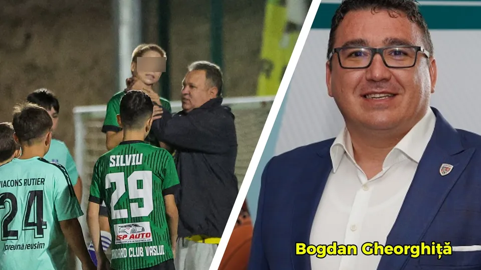 Un bărbat în haine închise interacționează cu un copil îmbrăcat în echipament sportiv verde, în timp ce alți copii stau cu spatele în prim-plan.